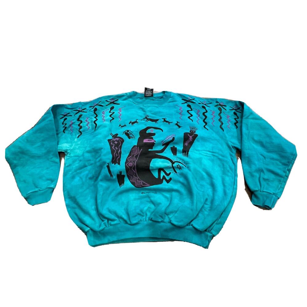 Vtg 90s Dagoli Mens Blue Pullover Tribal Goats Tie Dye Pullover Sweatshirt L